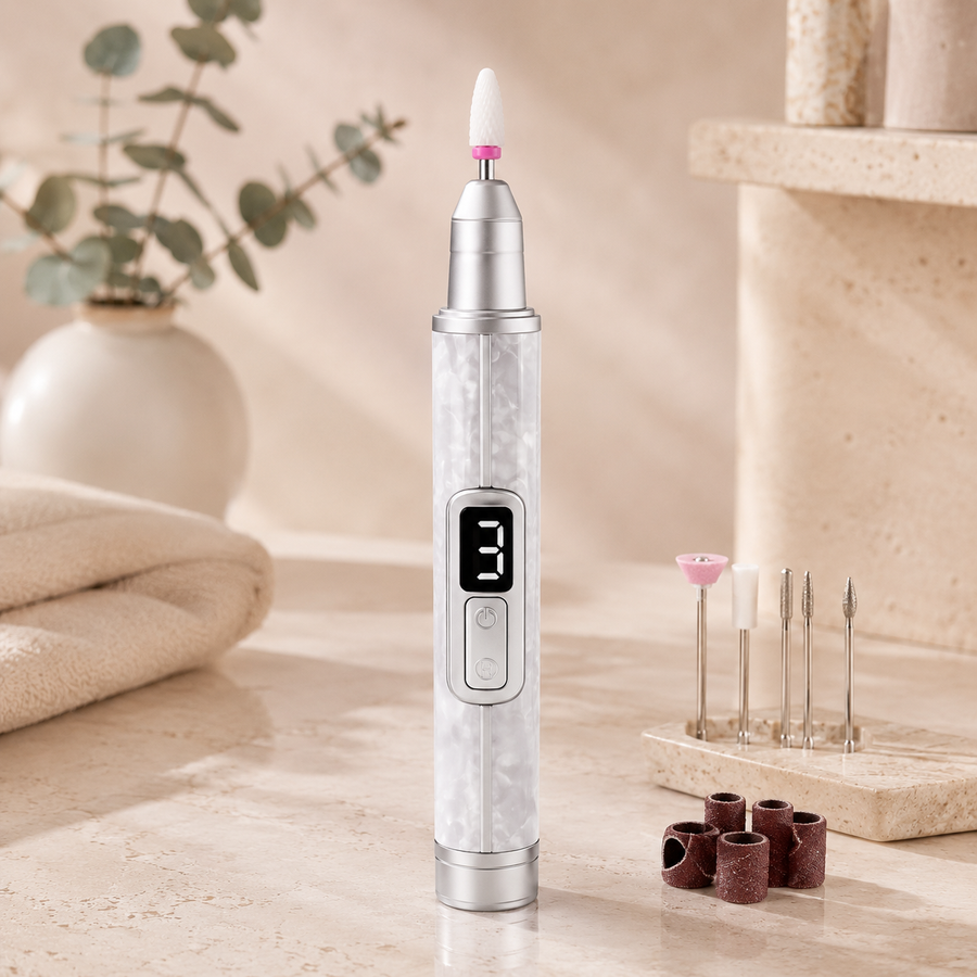 VELORO Cordless Nail Drill in white on a warm spa-inspired stone surface