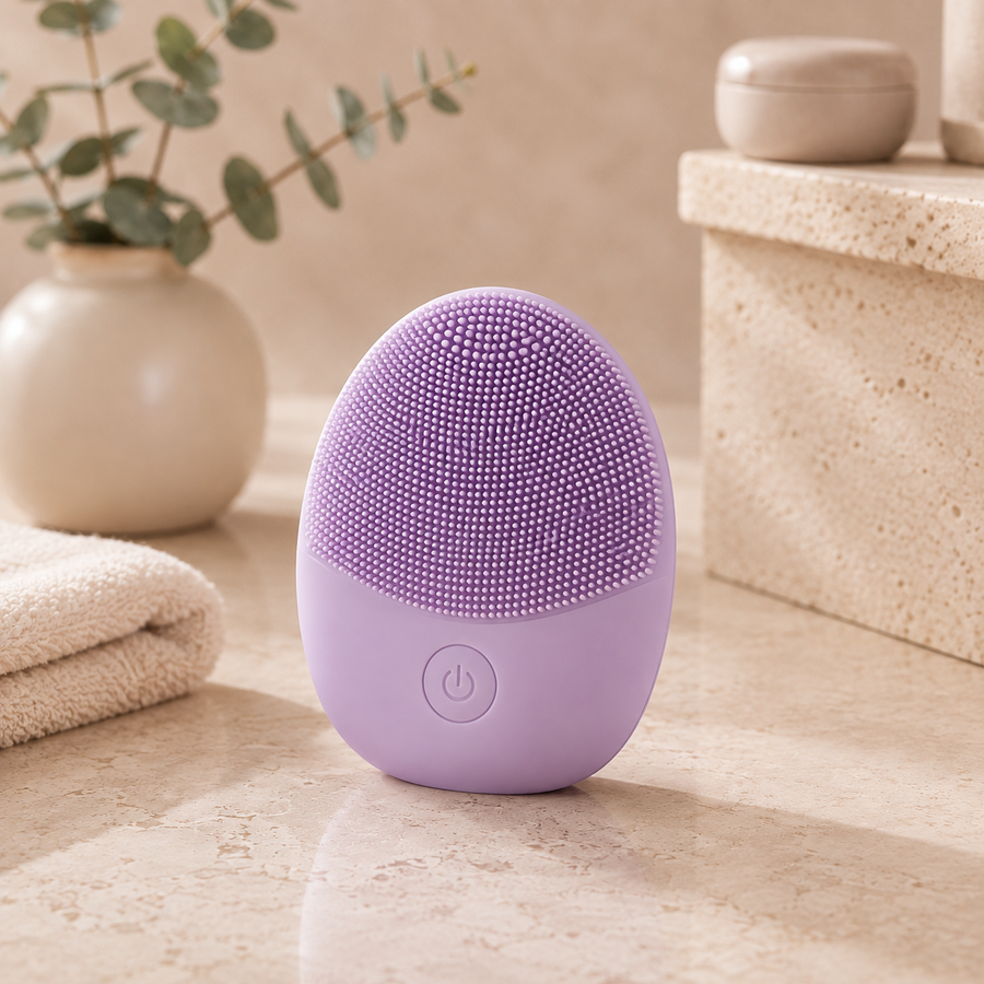 VELORO Sonic Facial Cleansing Brush in purple on a warm spa vanity
