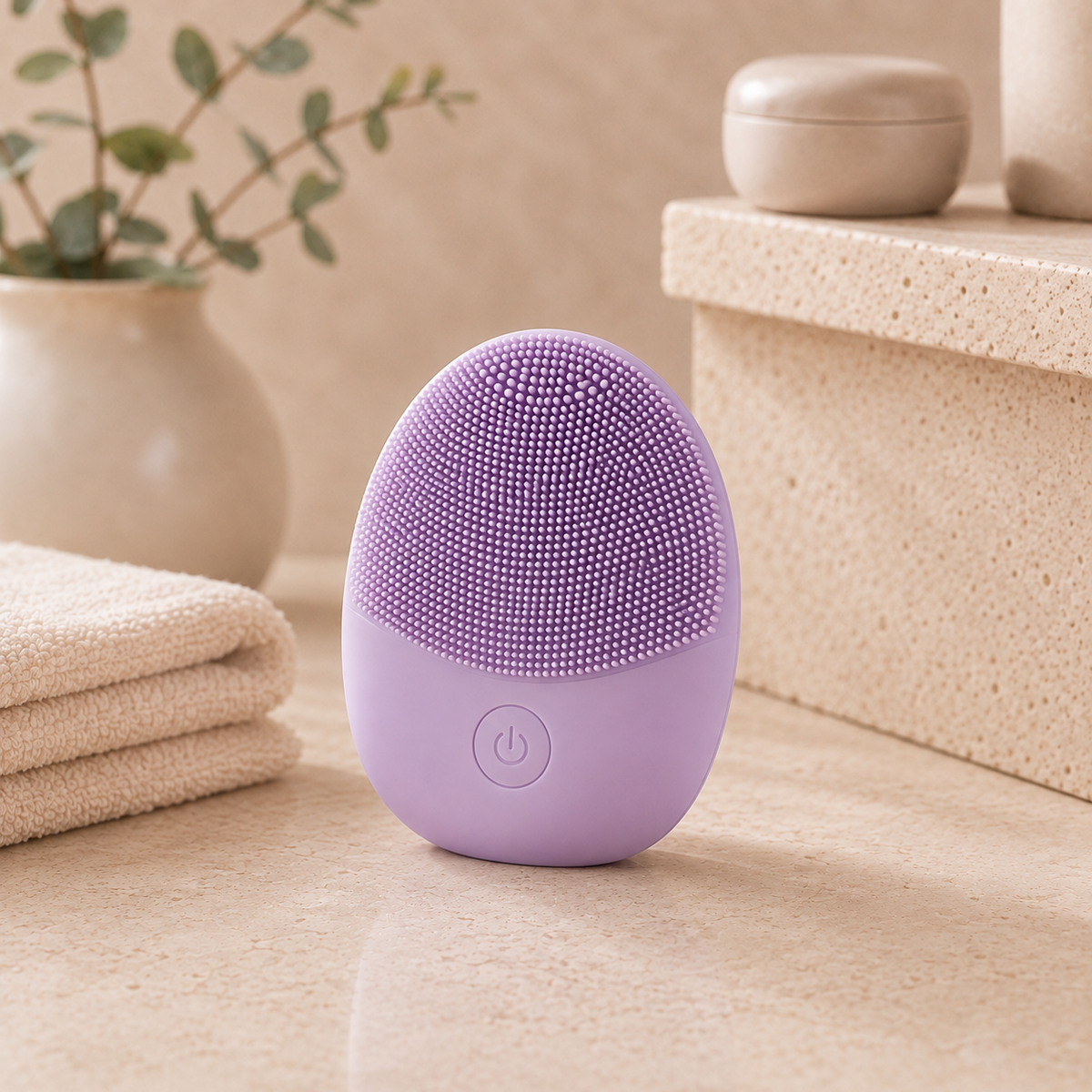 Purple VELORO Sonic Facial Cleansing Brush in a warm spa bathroom setting