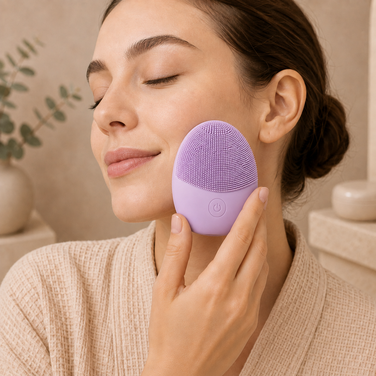 Woman demonstrating the purple VELORO Sonic Facial Cleansing Brush against her cheek