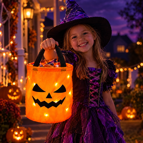 Child in a witch costume holding the glowing pumpkin trick-or-treat bucket on Halloween night