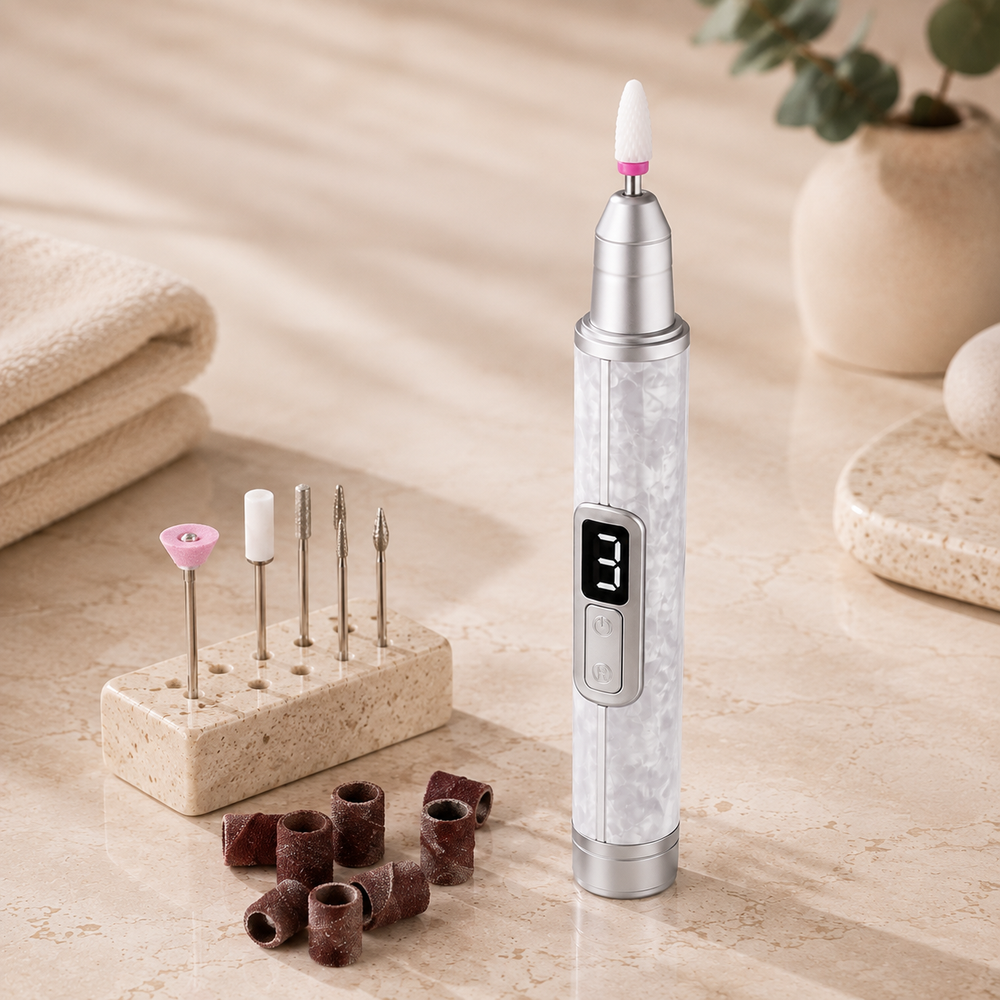 VELORO Cordless Nail Drill shown with its accessories on a pale surface