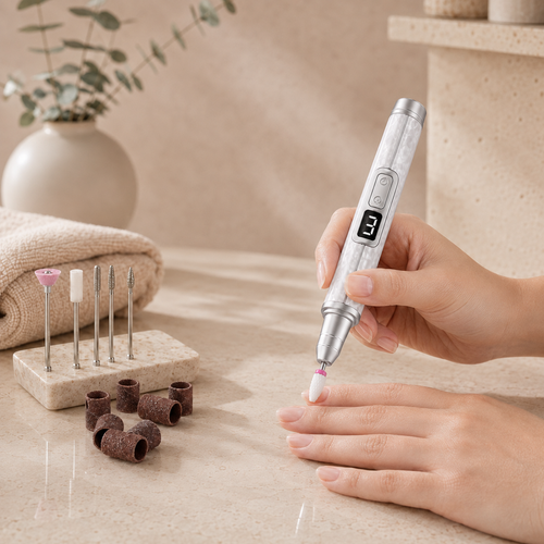VELORO Cordless Nail Drill demonstrated on a fingernail in an at-home manicure setting