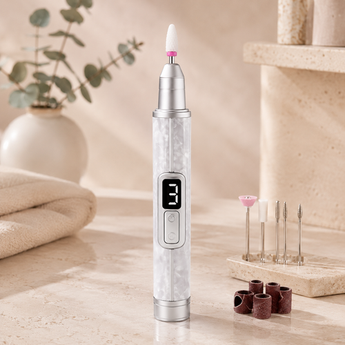 VELORO Cordless Nail Drill in white on a warm spa-inspired stone surface