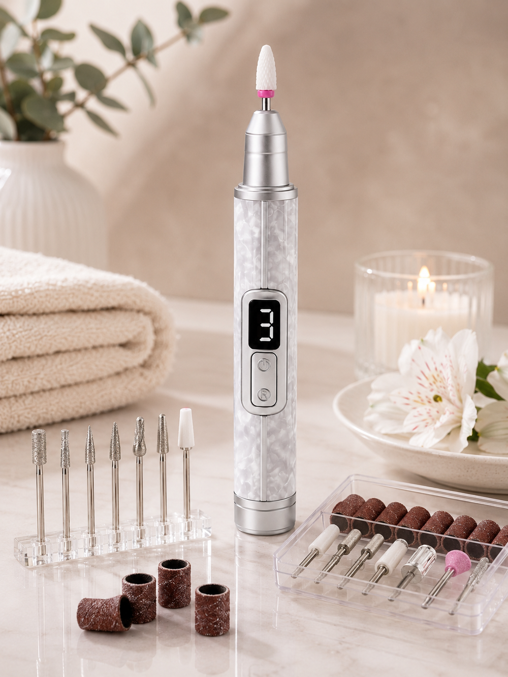 VELORO Cordless Nail Drill styled in a premium at-home manicure setting