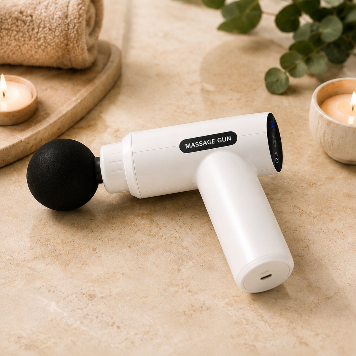VELORO Mini Massage Gun in white, angled spa product image
