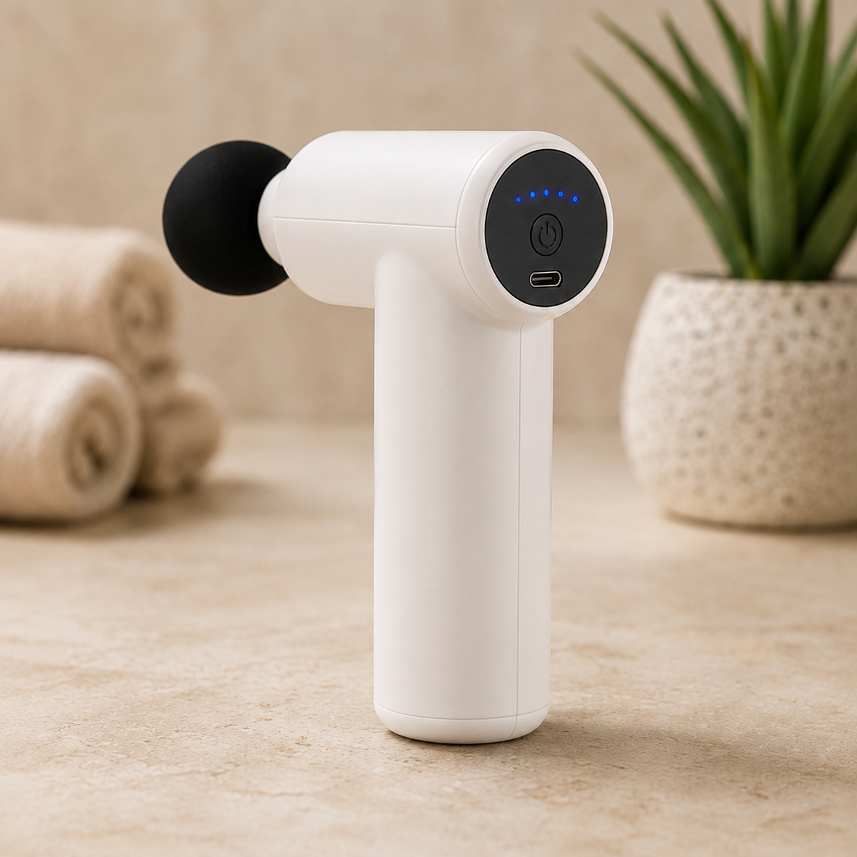 VELORO Mini Massage Gun in white, rear angle spa product image