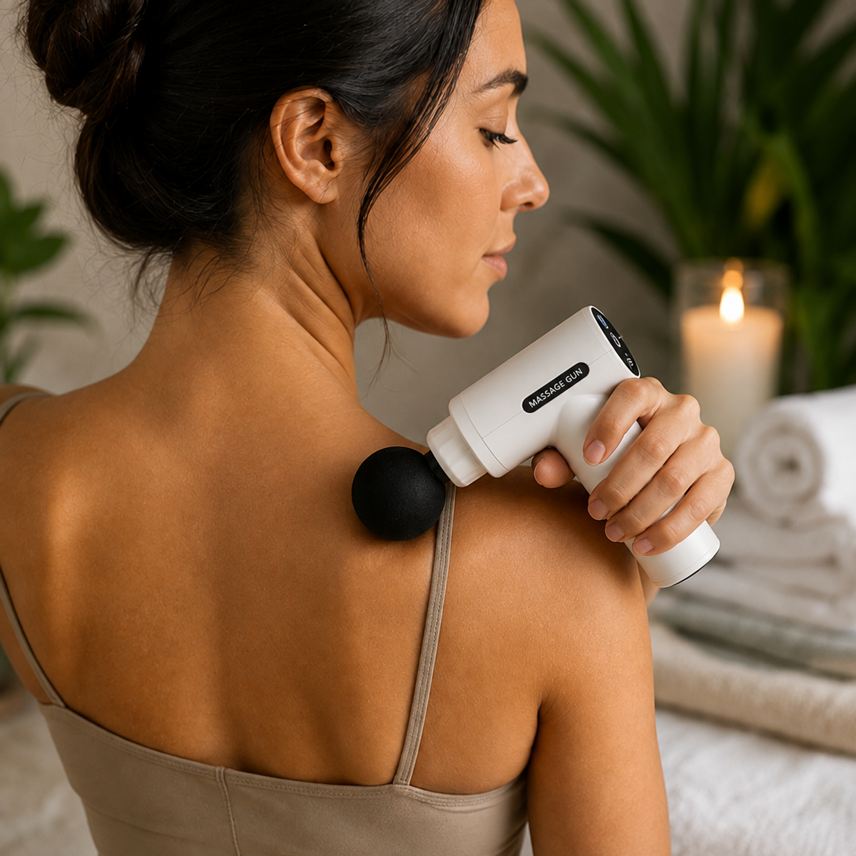 VELORO Mini Massage Gun in white, shoulder demonstration image